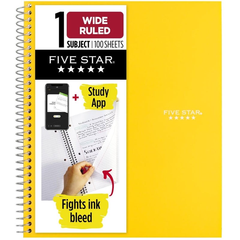 Five Star Spiral Notebook + Study App, 1 Subject, Wide Ruled Paper, 8" x 10-1/2", 100 Sheets, Fights Ink Bleed, Water Resistant Cover, Vivid Yellow (930010CJ1) - Image 1